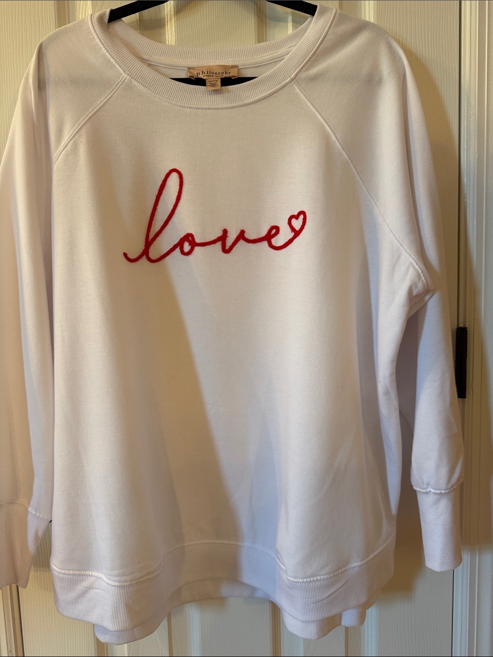 Philosophy White Sweatshirt with Red 'love' Script and Heart